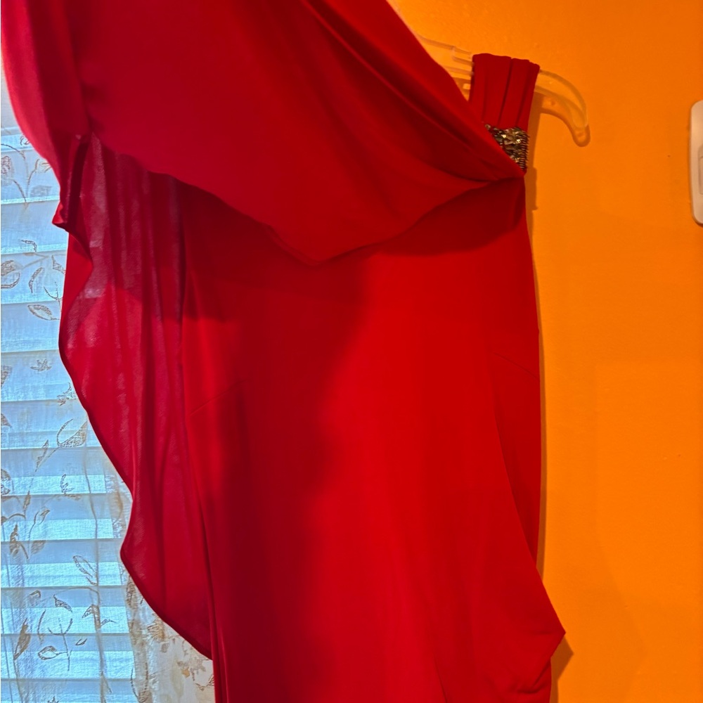 Badgley Mischka Collection One-Shoulder Red Evening Dress - Picture 12 of 15